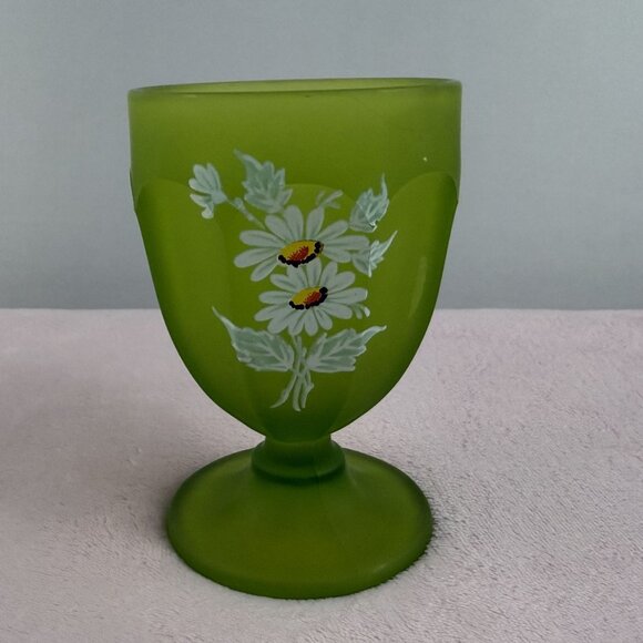 Westmoreland Vintage Green Goblet With Hand-Painted White & Yellow Floral Design - Picture 2 of 5